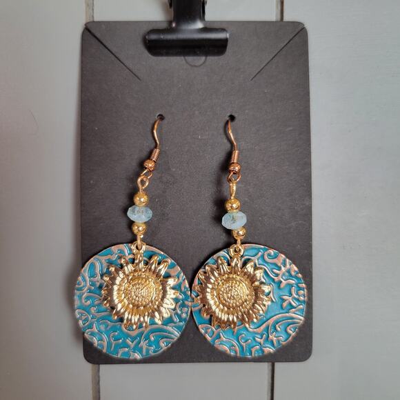 Boho Sunflower Dangle Earrings Gold Tone Turquoise Beaded Drop Jewelry Gift Bag - Picture 2 of 9